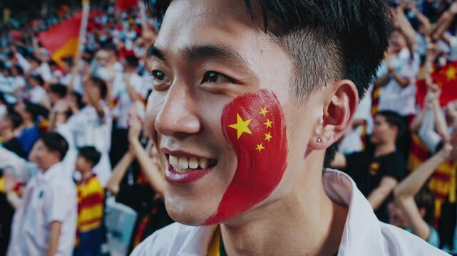 Happy Chinese sports fan with national flag face paint cheering at a stadium event  
