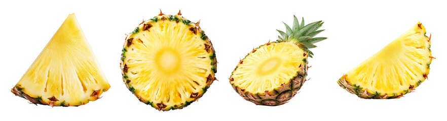Fresh Pineapple Slices and Chunks Isolated on White Background, PNG bundle collection, Isolated on Transparent Background