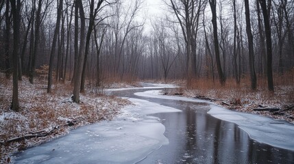 Frozen stream navigates a silent winter forest landscape in monochrome
