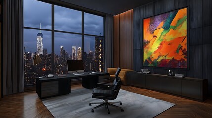 Modern Office at Dusk: 3D Render of Cityscape View AI Generated