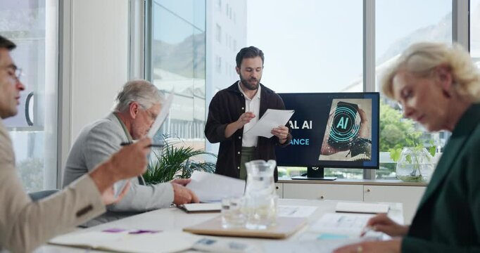 Businessman, documents and meeting with screen for presentation, AI implementation or data at office. Man, employee or speaker talking to boardroom directors for project proposal, pitch or app idea