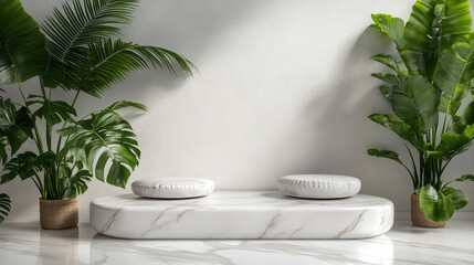 Minimalist Zen Lounge with Marble Seating and Tropical Plants