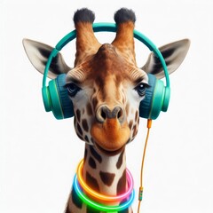 Giraffe vibes enjoying music wearing neon headphones in a crisp modern portrait