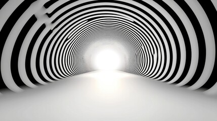Abstract Tunnel with Black and White Swirling Patterns Leading to a Bright Light Source, Creating a Sense of Depth and Mystery
