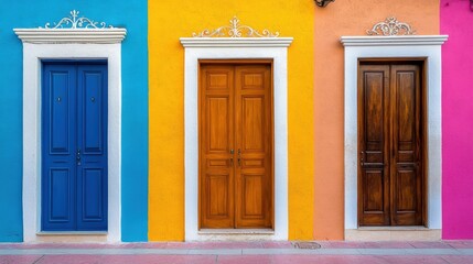 A vibrant display of three colorful doors against a bright wall, showcasing a blend of blue, orange, and pink hues, enhancing the aesthetic appeal.