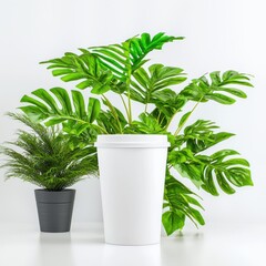 Obraz premium A large white planter with tropical green leaves and smaller black pot with fern, creating fresh and vibrant indoor atmosphere