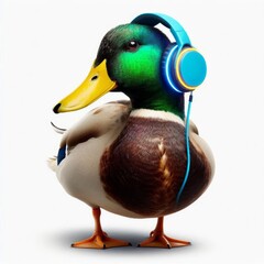 Hipster Duck Listening Music on Neon Headphones in Animal Photography Style