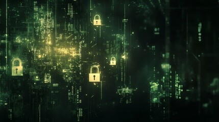 Abstract Digital Network Security with Padlocks in Cyberpunk Aesthetic