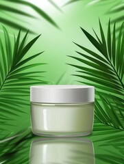 A clear jar of cream surrounded by lush green palm leaves, creating fresh and natural atmosphere. This evokes sense of tranquility and wellness