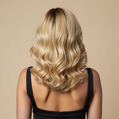 Fototapeta premium Golden Curly Hair in Sunset Light - Professional Studio Photography Aesthetic. Back View of a Woman with Wavy Blonde Hair - Soft Blonde Curls Illuminated by Studio Photograph. 