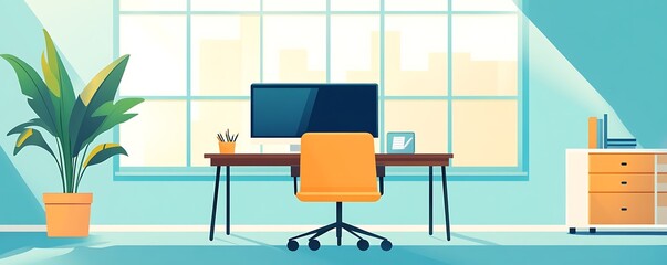Modern Home Office Desk Illustration Minimalist Workspace with City View