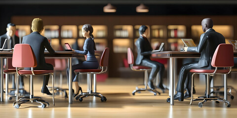 3D Render of Miniature Figures Working at Modern Office Desks in a Library Setting