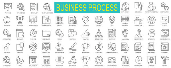 Business Process Line Icons set – Strategy, Finance, and Workflow Management