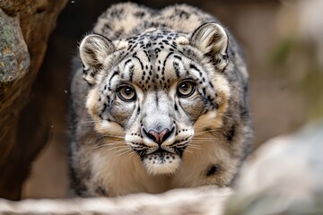 Obraz premium A snow leopard prowling through a rocky mountain pass, its fur blending with the snowy terrain