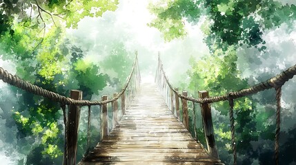 Fototapeta premium A serene wooden bridge stretches across a lush green forest, inviting explorers to discover the tranquility of nature and escape into the wild.