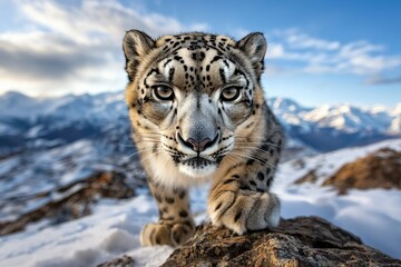 Obraz premium A snow leopard prowling through a rocky mountain pass, its fur blending with the snowy terrain
