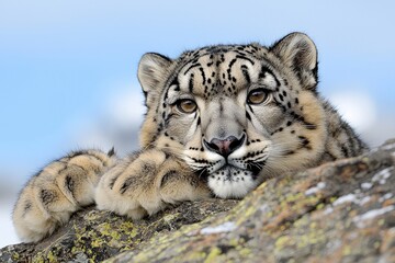 Fototapeta premium A snow leopard resting on a rocky ledge, overlooking a snowy mountain range under a blue sky