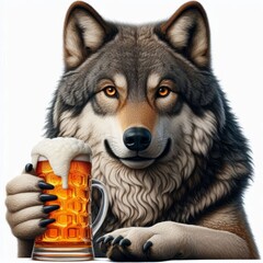 Humorous wolf illustration with beer mug in realistic animal photography style