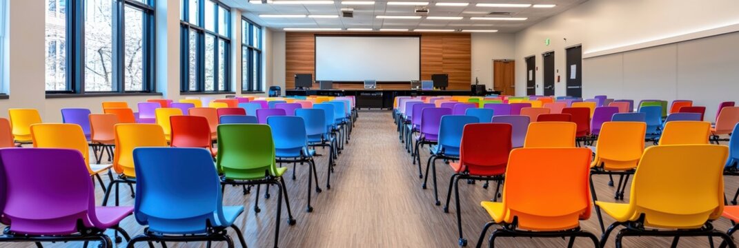 A spacious modern classroom with rows of desks, colorful chairs, and interactive whiteboards