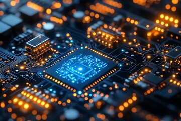 Illuminated CPU Microchip on Circuit Board Technology Background