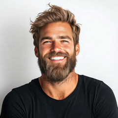 Obraz premium Happy Man with Beard Curly Hair on white background