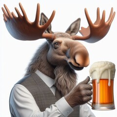 Moose enjoying a frothy beer dressed in formal attire for humorous concept