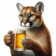 Mountain lion enjoying a refreshing beer with playful feline charm portrait