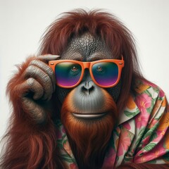 Orangutan's summer style: sunglasses and a vibrant Hawaiian shirt portrait