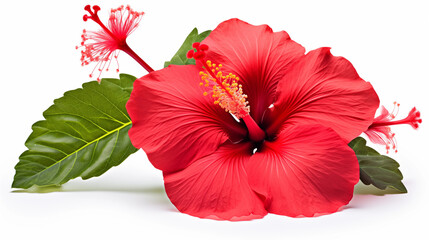 Red Hibiscus Flower with Green Leaves Closeup Studio Shot