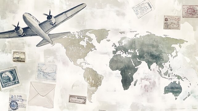 A vibrant watercolor illustration showcasing a world map, airplane, envelopes, and various postage stamps, evoking a sense of adventure and global connection.