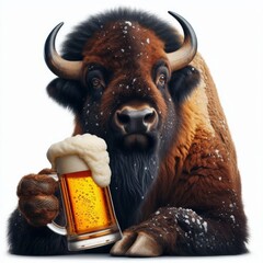 Realistic bison holding beer mug, whimsical animal photography masterpiece