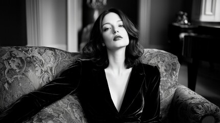 A timeless black-and-white photo of a woman wearing an elegant velvet dress, framed by antique furniture