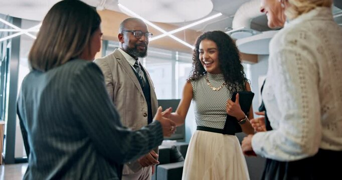 Business people, shaking hands and group in lobby for meeting, hello or introduction at corporate law firm. Women, man and attorney team with handshake, welcome or excited for collaboration at agency