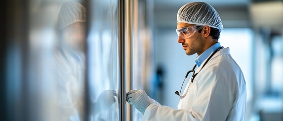 Doctor inspecting equipment in a lab with a stethoscope, focusing on medical work