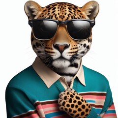 Sophisticated Jaguar Embracing Style with Sunglasses and Striped Knitted Top
