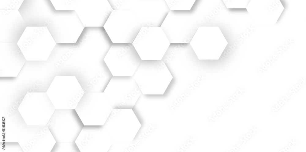 Poster Abstract hexagon background. Futuristic abstract honeycomb mosaic white technology background. Surface polygon pattern with glowing hexagon paper texture and futuristic business. graphic concept.	