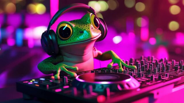 A funky DJ frog wearing headphones, spinning music on a turntable in a vibrant neon-lit club environment