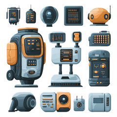 collection of futuristic robotic devices and gadgets with sleek, modern design, featuring various control panels, sensors, and interfaces in cohesive color scheme