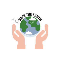 Save the Planet Icon – Vibrant Earth Held by Hands with Bold 'SAVE THE PLANET' Text, Blue Oceans, Green Landmasses, and Floating Clouds – Stylized Environmental Protection Design