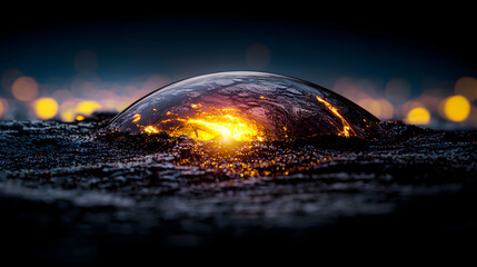 A glowing orb reflecting illuminated lights over dark texture