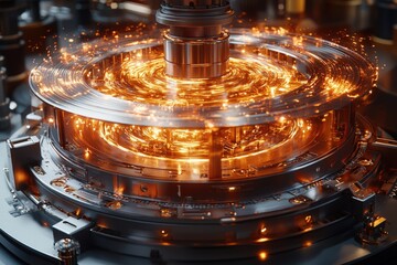 Glowing circular machine, futuristic technology, intricate details, rotating mechanism, sparks, orange light, industrial design, abstract, 3D render, innovation.