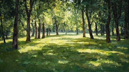 Sunlit forest glade with tall trees and dappled shadows.