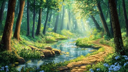 Obraz premium Sunlit forest path beside a calm stream.