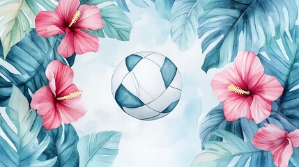 Naklejka premium A vibrant illustration of a volleyball surrounded by tropical flowers and leaves, evoking a relaxed, sunny beach atmosphere for leisure and fun.