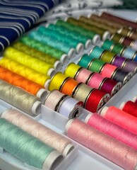 Colorful sewing thread spools and bobbins in a box 
