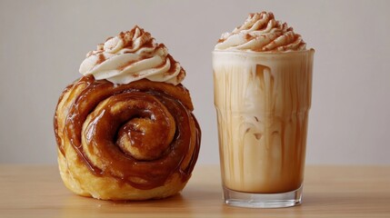 Fototapeta premium Delicious Cinnamon Roll and Iced Latte on Wooden Table