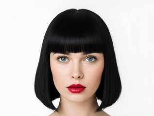 Head of a beatutiful young woman with red lips, black hair and a bob haircut in front of a white background