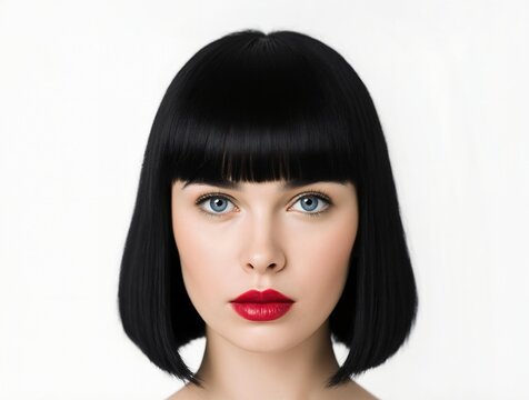 Head of a beatutiful young woman with red lips, black hair and a bob haircut in front of a white background