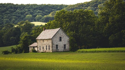 Rustic stone farmhouse in a green field, surrounded by trees and hills.