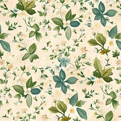 Simple graphic pattern of primroses and snowdrops against a pastel champagne background, small flowers covering the whole picture.